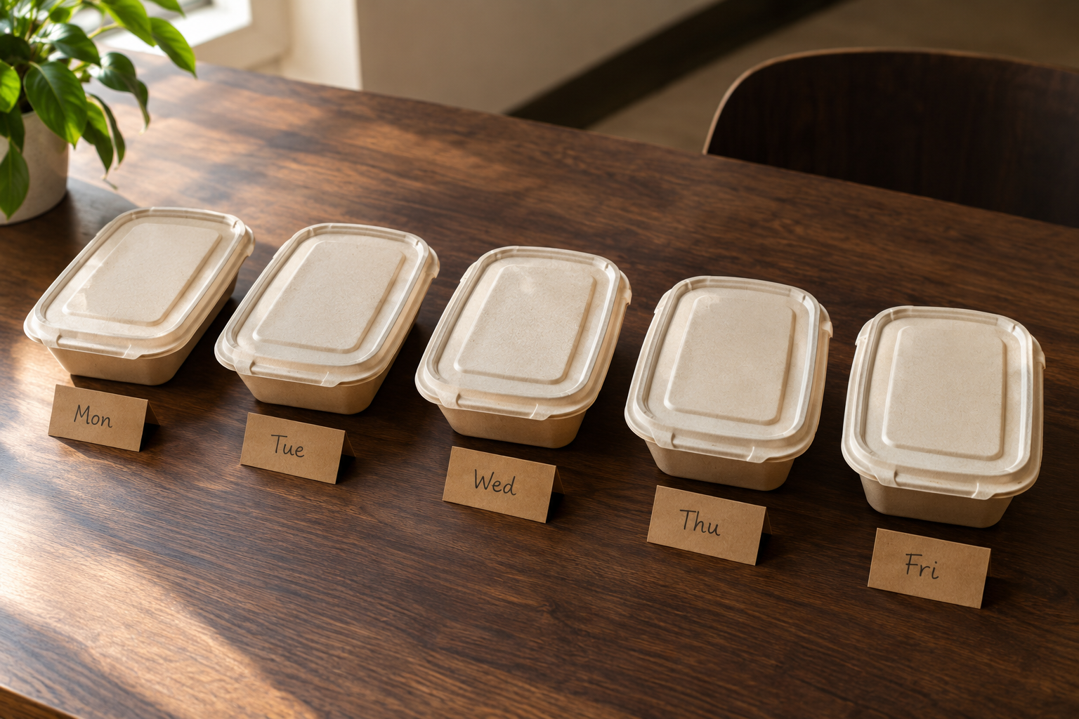 Five lunch containers lined up Monday through Friday, representing a full week of lunch spending